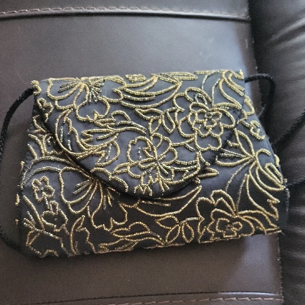 Carla Marchi Elegant Black and Gold Floral Clutch